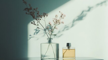 Floral Perfume Still Life: Elegant Fragrance in Sunlight