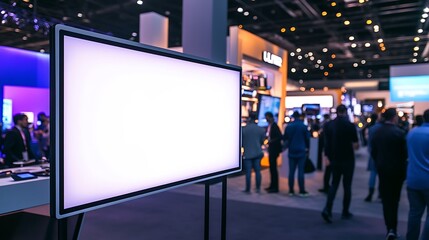 Large white signboard on a stylish display stand at a tech expo with futuristic gadgets and audience

