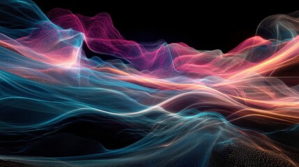 Fototapeta premium Futuristic CGI landscape with flowing 3D lines in shades of pink, blue, and purple, creating a sense of movement