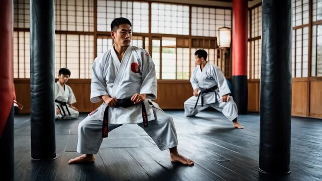 A masterful Sensei in a martial art dojo, surrounded by his students