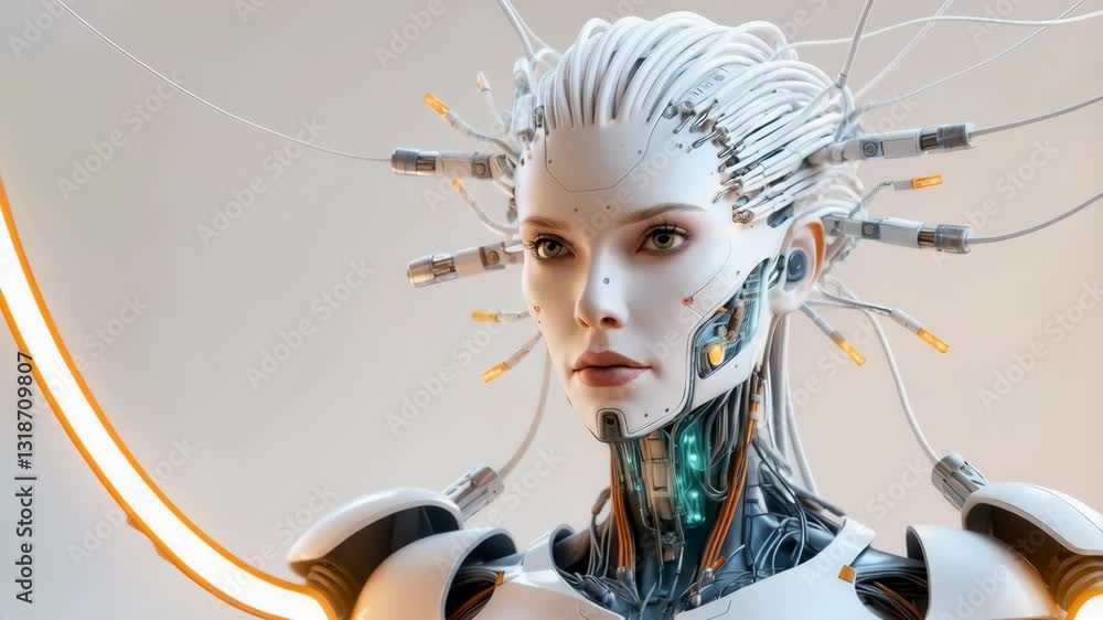 Poster a futuristic humanoid cyborg with a human face and a complex network of circuits and mechanical comp