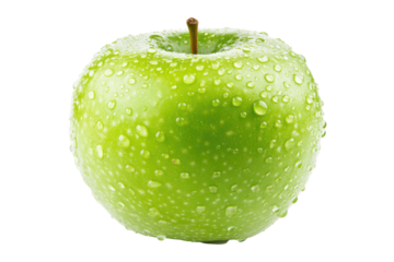 Fresh green apple with water droplets, isolated on transparent background