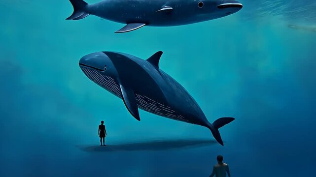 Jonah and the Whale Silhouette Scene Depicting Spiritual Journey in Deep Blue Ocean Minimalist Art Work with Whimsical Illustration and Tranquil Sea Life Imagery for Inspirational Theme Use