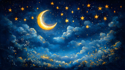 Celestial Night Sky Painting with Crescent Moon and Golden Stars
