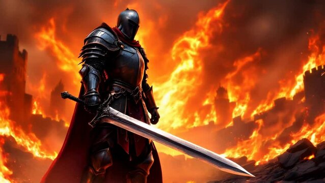 A highly detailed and dramatic illustration of a medieval knight standing boldly amidst roaring flames, gripping a massive sword.