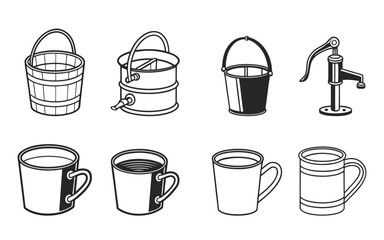 Vector illustration of plastic and wood and still  bucket silhouette line art    
vactor icon 