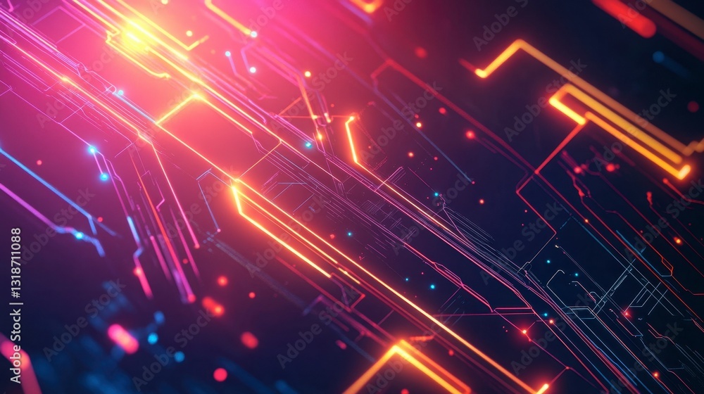 Poster futuristic digital background with glowing neon lines and geometric shapes on a dark gradient backdr