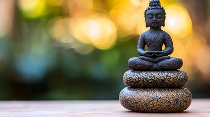 Obraz premium Small Black Buddha Statue on Stacked Stones with Bokeh Background