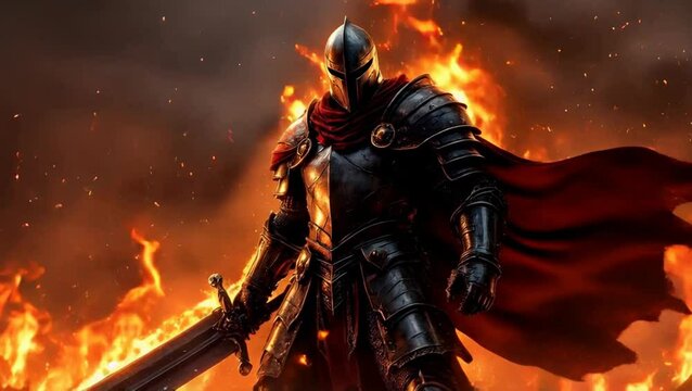 A highly detailed and dramatic illustration of a medieval knight standing boldly amidst roaring flames, gripping a massive sword.