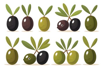 Obraz premium Set of different olives, including green, black, stuffed, and marinated varieties, illustrated in a children's book style, with a clean and simple look, isolated on a white background.
