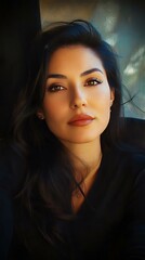 Fototapeta premium A close-up portrait of a confident young woman with long dark hair, striking eyes, and natural makeup, radiating beauty and elegance.