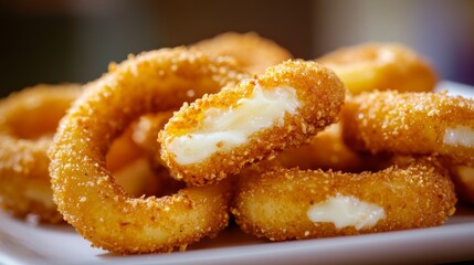 Close up of Mozzarella Stick Onion Rings food photography.