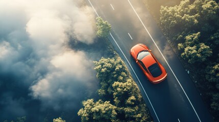 Red sports car driving on scenic mountain road above clouds