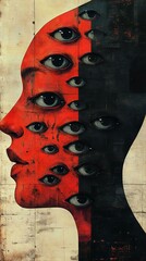 A striking conceptual artwork featuring a human profile split into contrasting colors, adorned with multiple eyes, symbolizing perception and consciousness.
