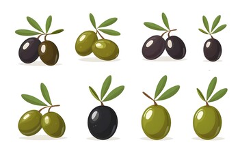 Obraz premium Set of different olives, including green, black, stuffed, and marinated varieties, illustrated in a children's book style, with a clean and simple look, isolated on a white background.