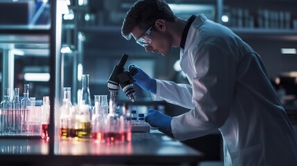 Focused Scientist Using Microscope in Advanced Laboratory