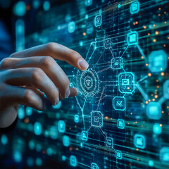 A businessman using blockchain technology to securely transfer assets through a holographic interface