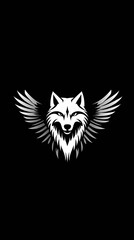 Stylized white wolf with wings on a black background, symbolizing strength and freedom. Perfect for logos or artwork.