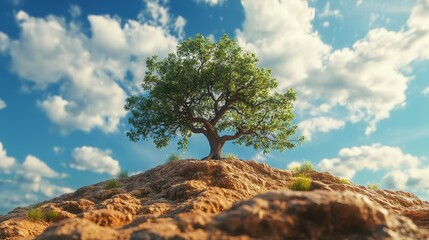 Obraz premium Three trees in the middle of desert and above it is full of greenery and blue sky.