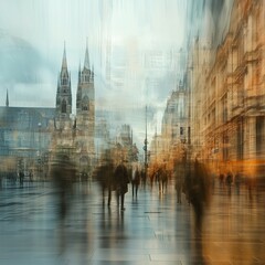 Fototapeta premium Blurred motion of pedestrians walking in a city center square