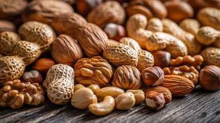 Naklejka premium Assorted nuts pile high on rustic wooden surface, textured and warm toned