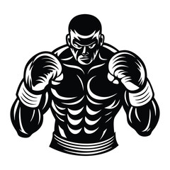 Boxing Champion Silhouette, Retro Ink Black and White Vector Illustration of a Fighter Ready to Fight