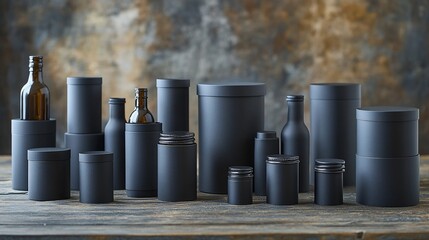 Naklejka premium Assortment of black jars, bottles, & containers displayed on rustic wooden surface