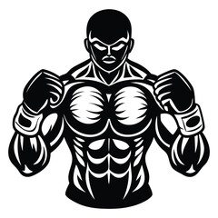 Boxing Champion Silhouette, Retro Ink Black and White Vector Illustration of a Fighter Ready to Fight