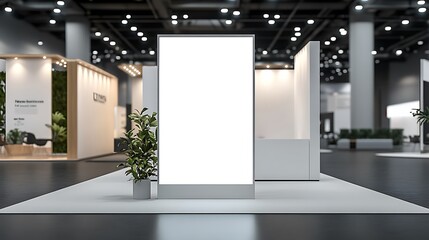White signboard in front of a modern trade show booth with branded banners and LED lighting

