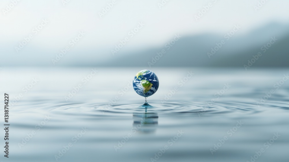 Aufkleber conceptual image featuring a miniature globe floating on the smooth reflective surface of calm water