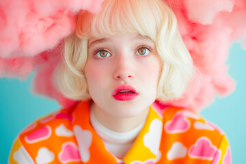 Fototapeta premium A close-up of a blonde model in an orange and pink cloud-patterned outfit surrounded by fluffy pink textures. A modern and imaginative take on fashion photography.
