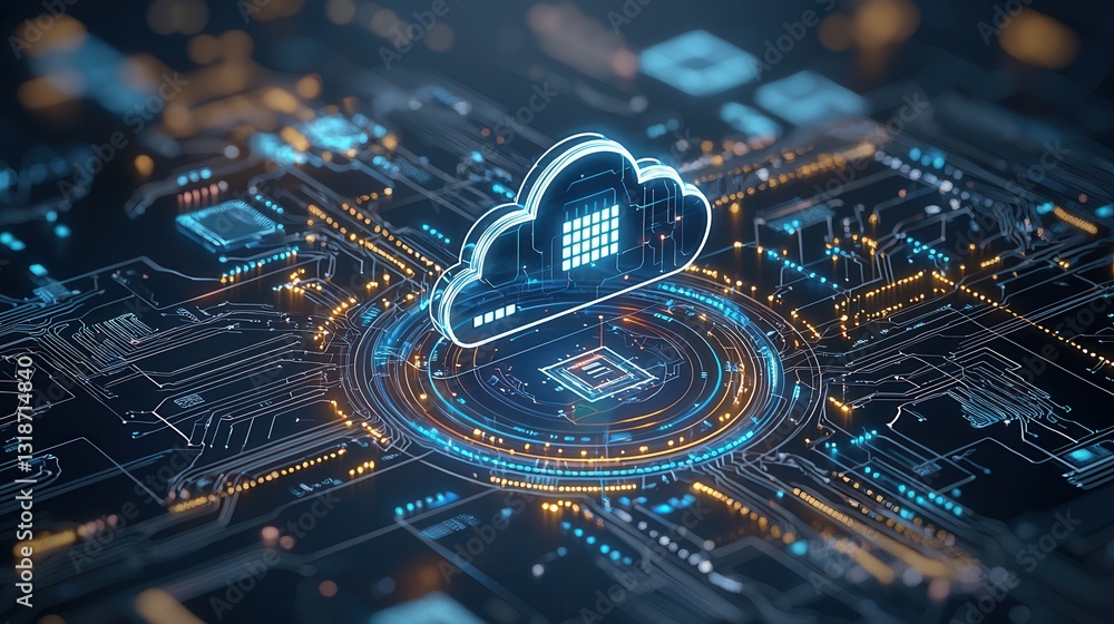 Poster futuristic 3d rendered depicting a digital cloud computing and cybersecurity architecture the image 