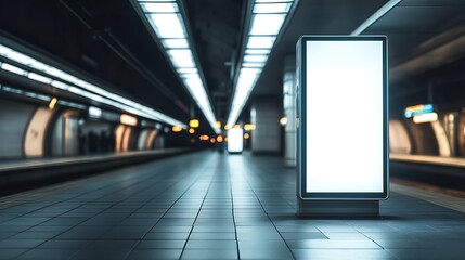 Illuminated blank advertising billboard on a modern subway platform with tiled flooring

