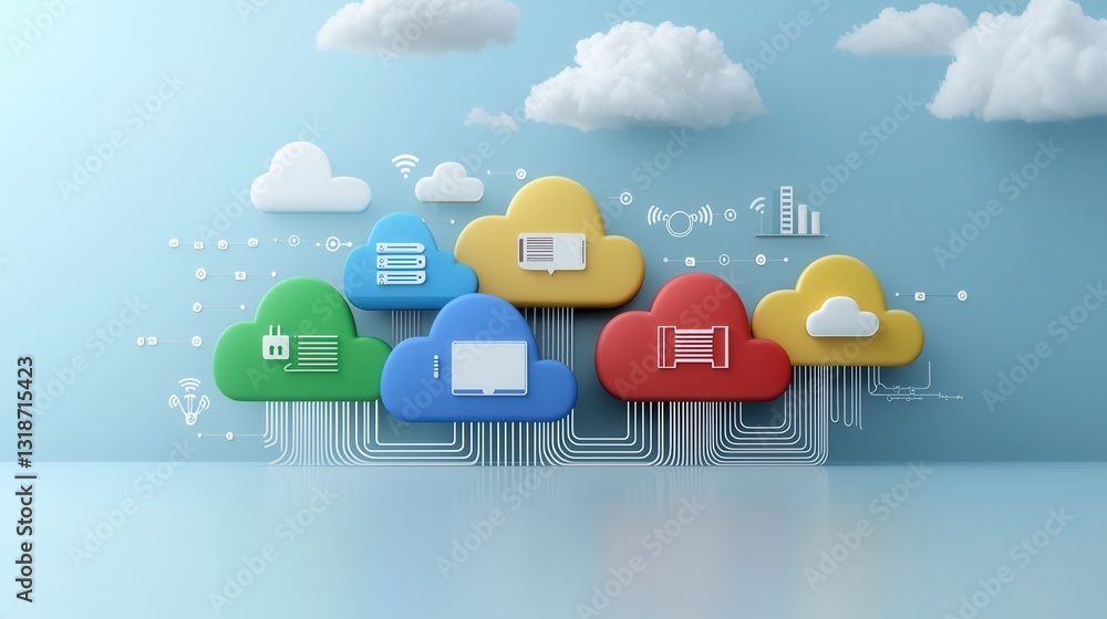 Poster vibrant 3d rendered showcasing a multifaceted cloud computing and data storage technology ecosystem 