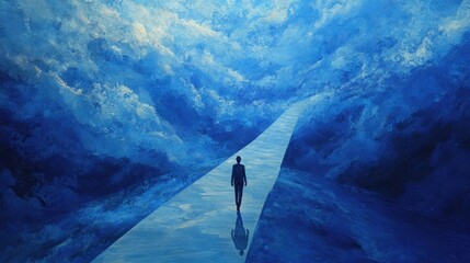 A person walks along a path in a surreal blue tunnel with clouds and light above