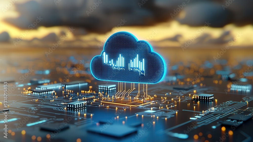 Poster visionary cyberpunk inspired digital artwork featuring a futuristic cloud computing and data analyti