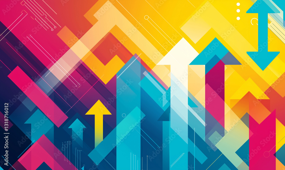 Poster colorful abstract design featuring upward arrows, symbolizing growth and progress in a dynamic compo