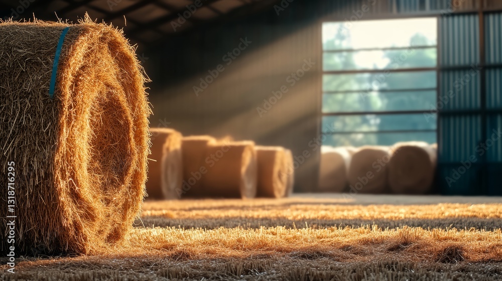 Poster large hay bale sits in a field, surrounded by other hay bales. the field is bathed in sunlight, crea