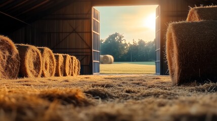 Barn full of hay with a sun shining through the open door. The hay is piled high and the barn is empty