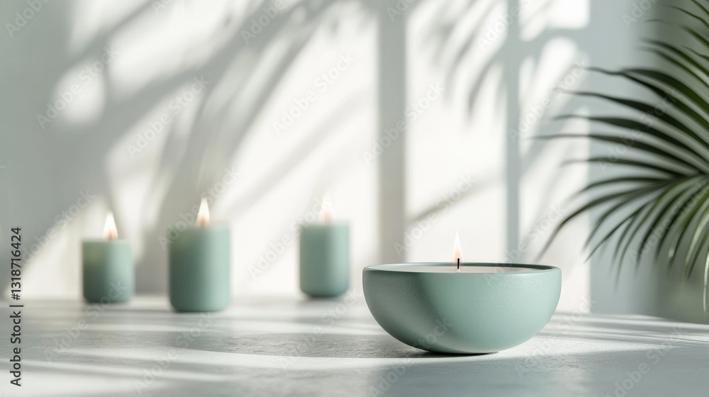 Poster tranquil scene of lit candles in soft light with shadows from a plant, creating a serene atmosphere