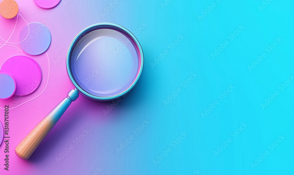 Poster a colorful magnifying glass on a gradient background with circular shapes.