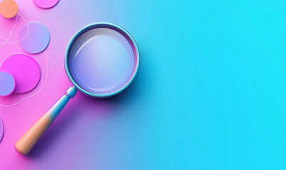 A colorful magnifying glass on a gradient background with circular shapes.