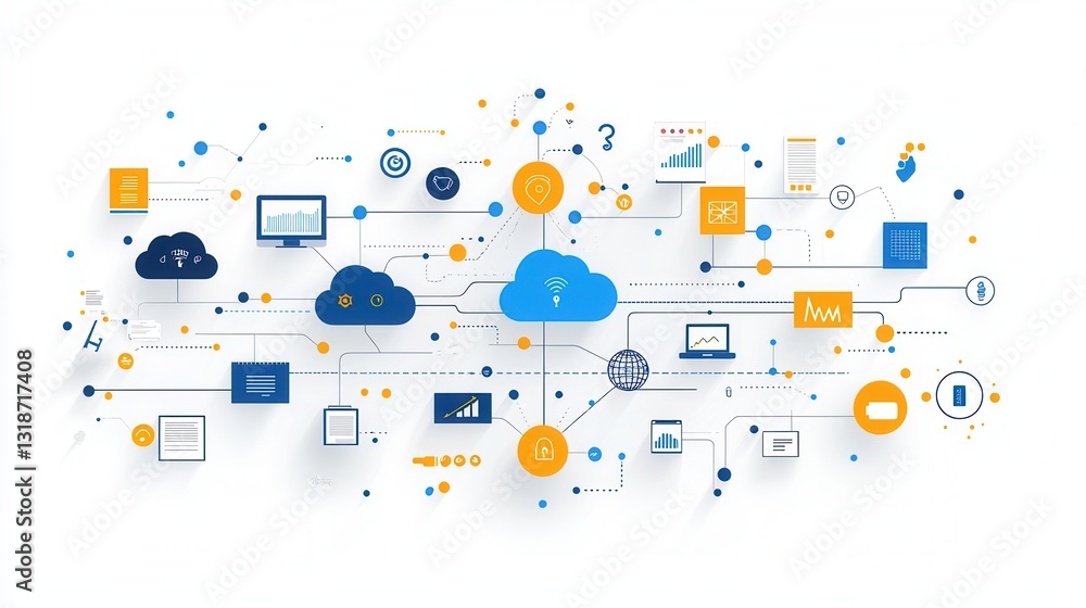 Poster a well organized flat style depicting various digital technology and networking concepts including c