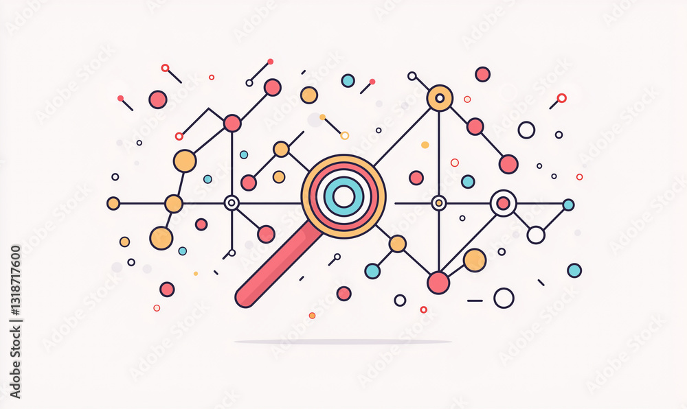 Poster illustration of data analysis with a magnifying glass over colorful graphs and connections.