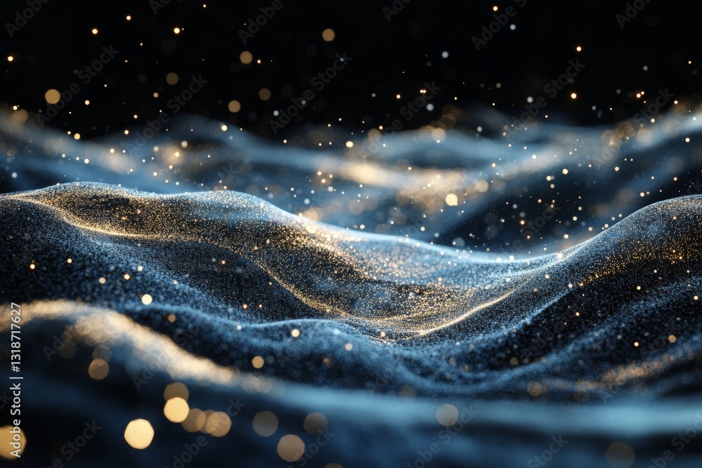 Poster abstract representation of shimmering waves with golden particles in a dark space