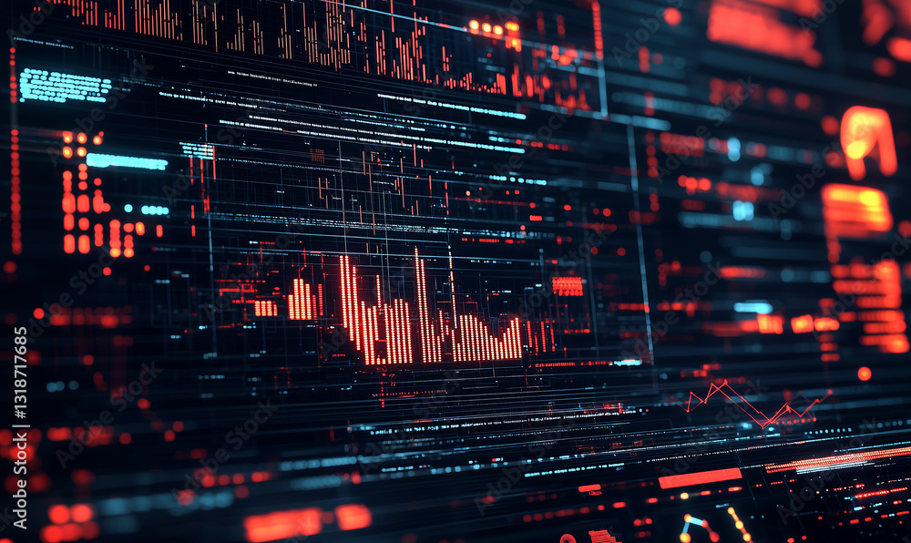 Poster abstract digital data visualization with vibrant red and blue tones.