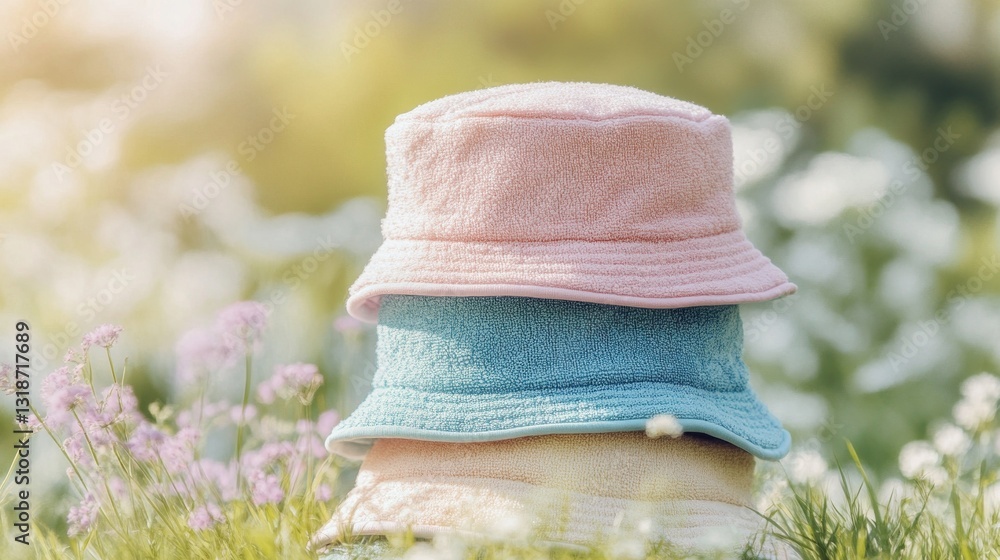 Poster three soft and colorful bucket hats sit neatly on top of each other in a vibrant meadow filled with 