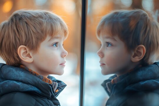 Curious child observing reflection in window on cold winter day