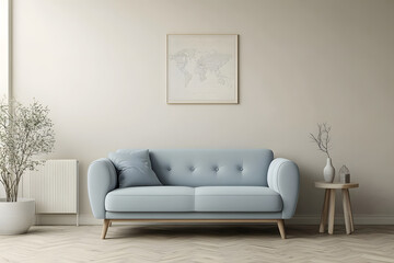 Home decor, stylish Scandinavian living room interior with design mint sofa, furnitures, mock up poster map, plants, and elegant personal accessories. Interior design. Template. Ready to use