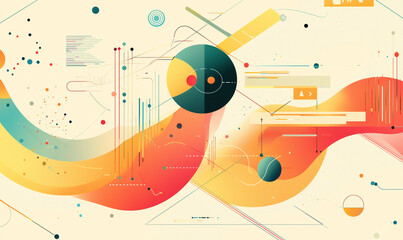 Abstract colorful design with geometric shapes and fluid lines on a light background.